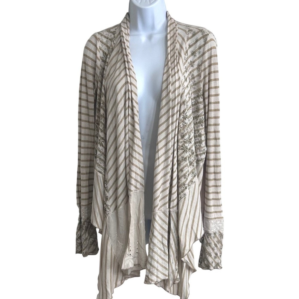 Tiny Anthropologie S Striped Floral Asymmetrical Cardigan Tan Cream Boho HighLow